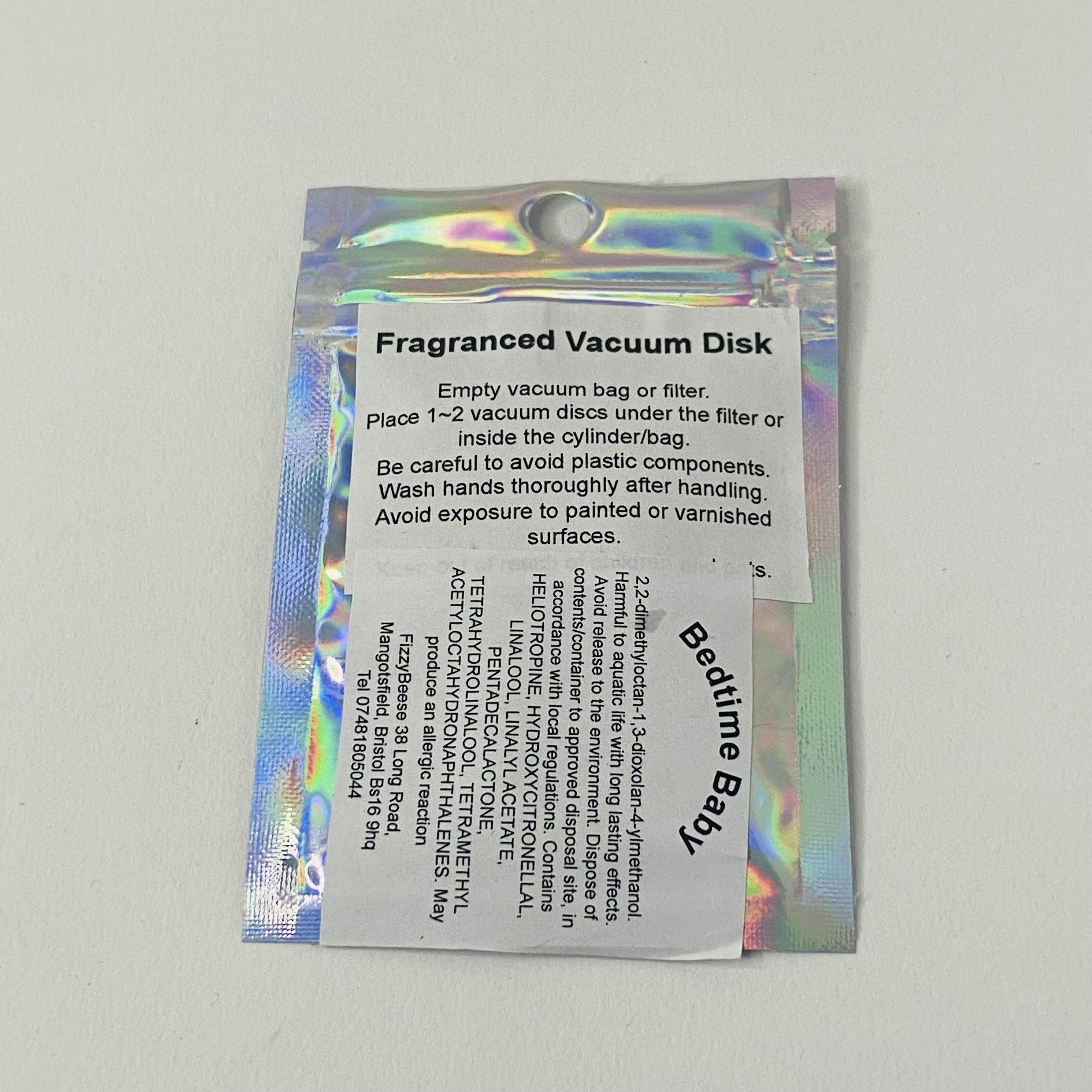 Bedtime Baby Vacuum Disks ingredients label