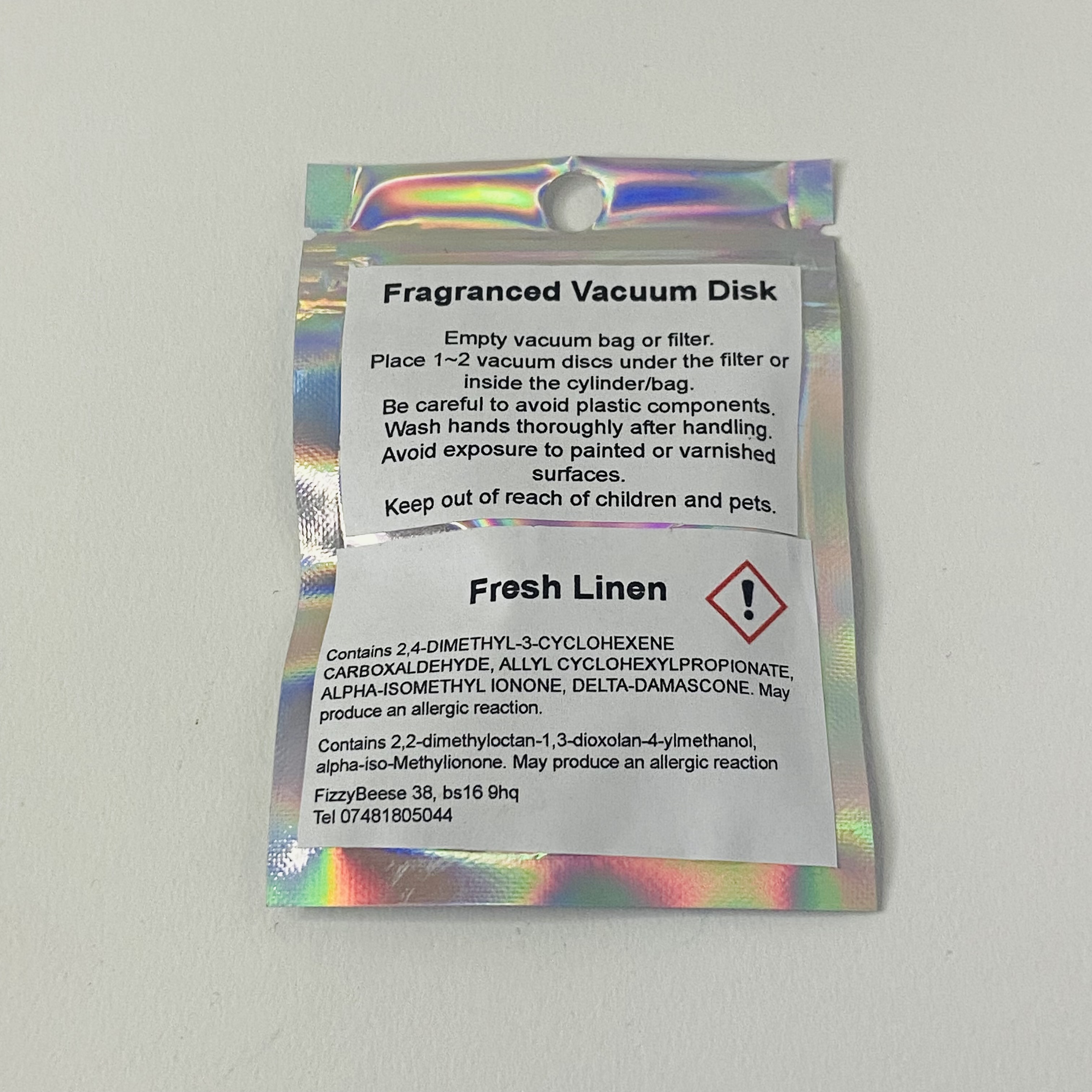 Fresh Linen Vacuum Disks ingredients label