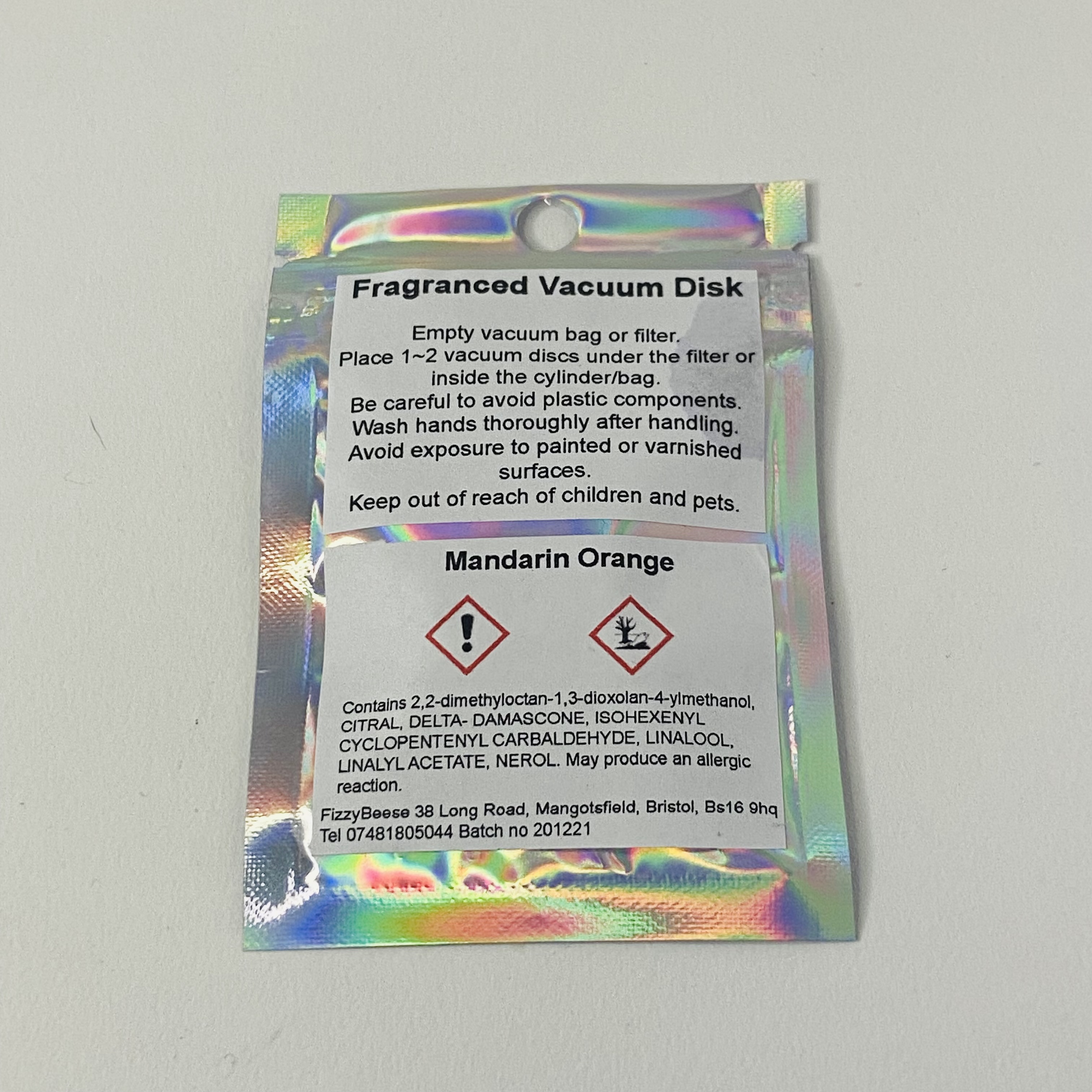 Mandarin Orange Vacuum Disks ingredients label