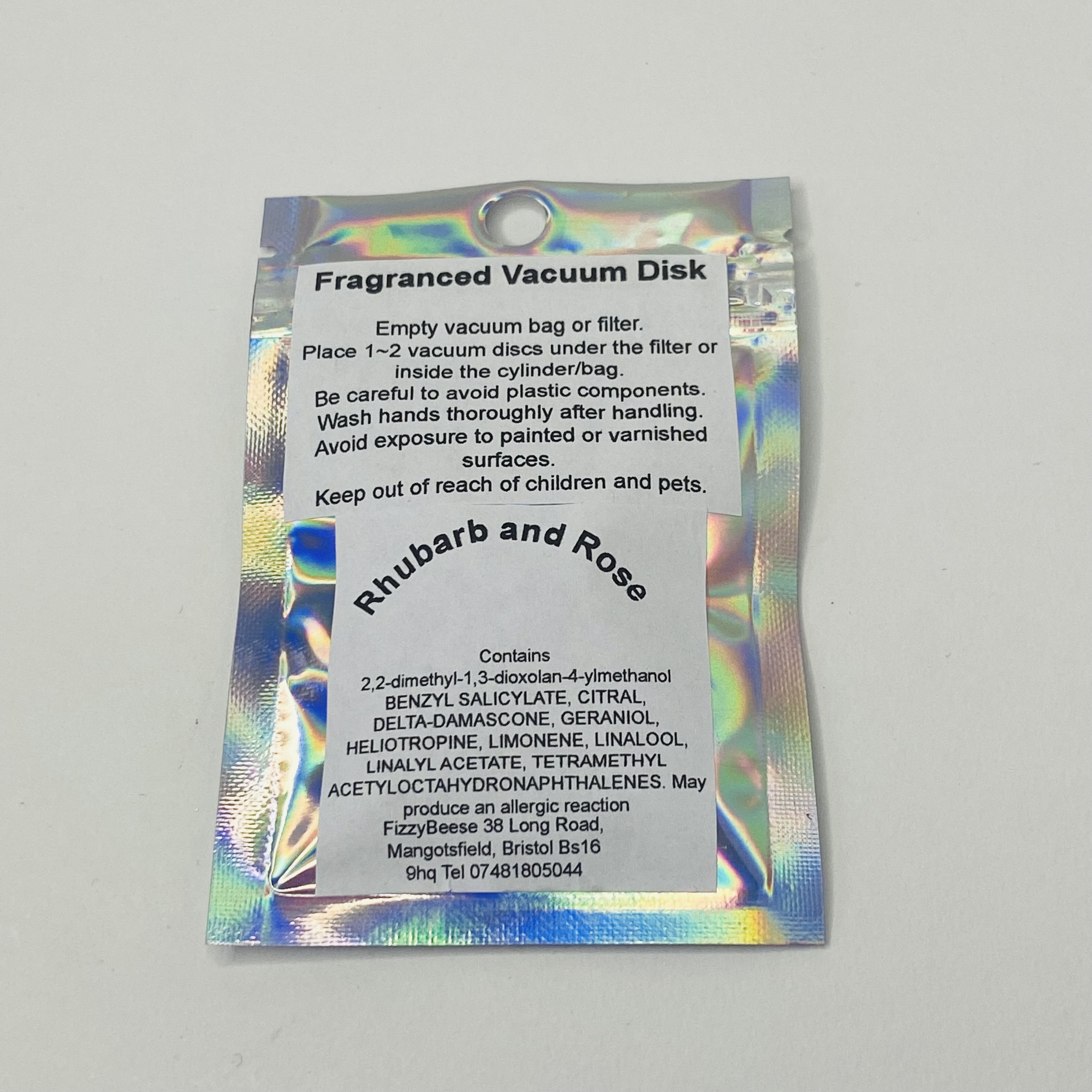 Rhubarb and Rose Vacuum Disks ingredients label