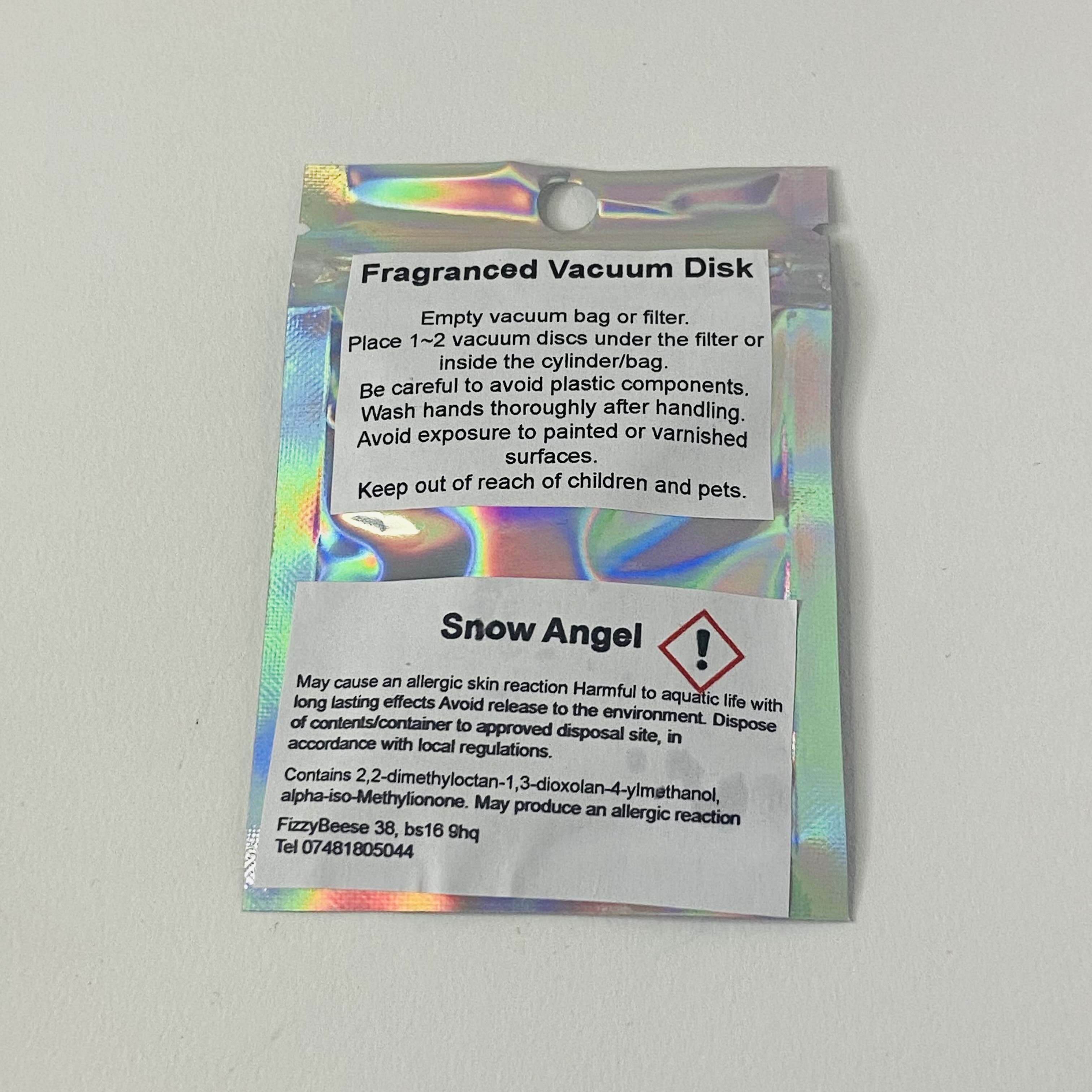Snow Angel Vacuum Disks ingredients label