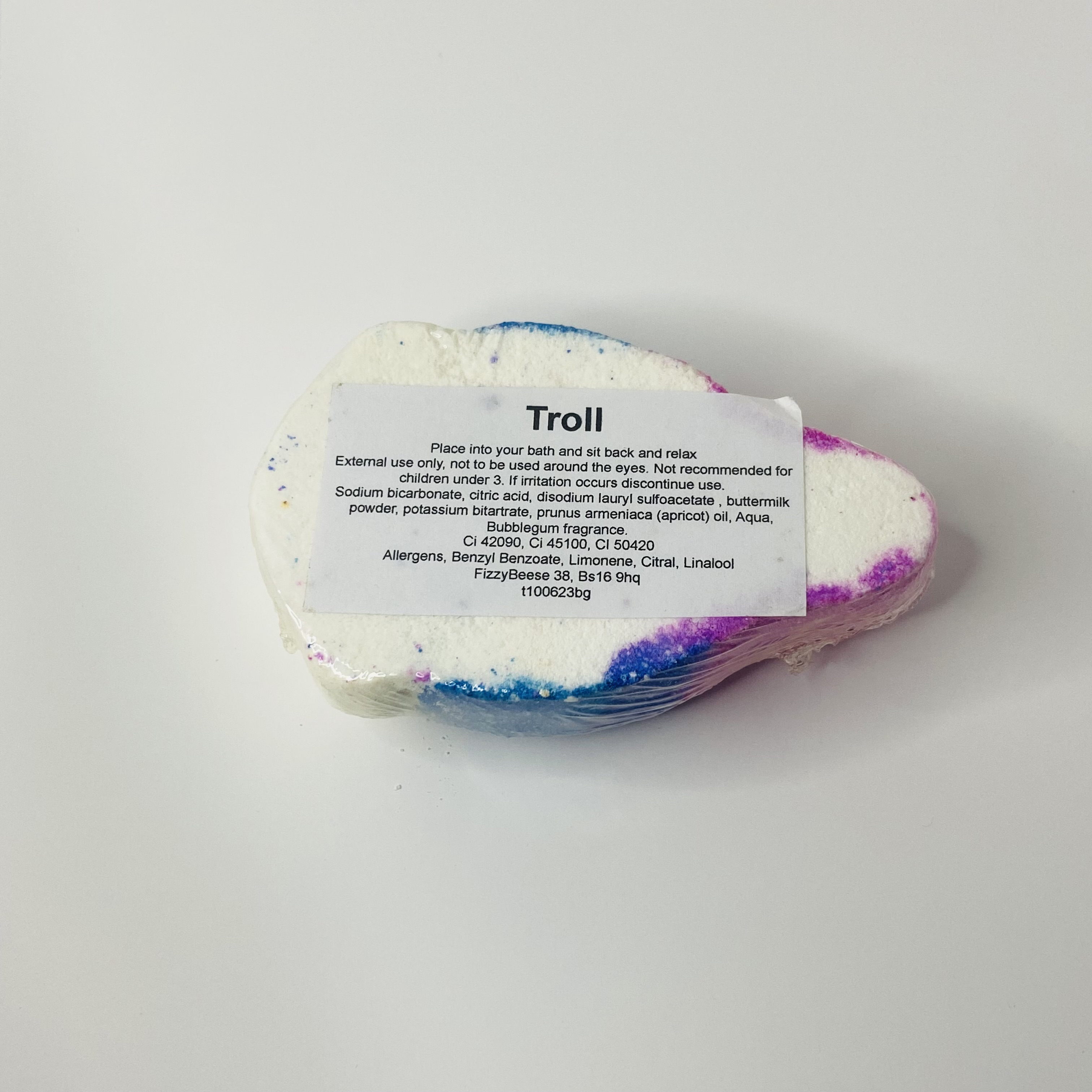 Troll Blue and Pink ingredients label